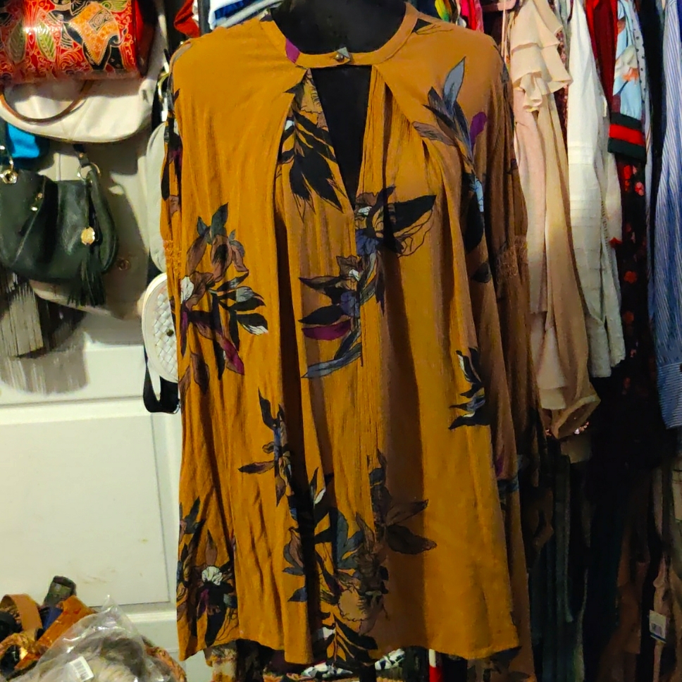 Free People Tan Floral Print Smocked Sleeve Cut Out Neckline Mini Dress Or Tunic